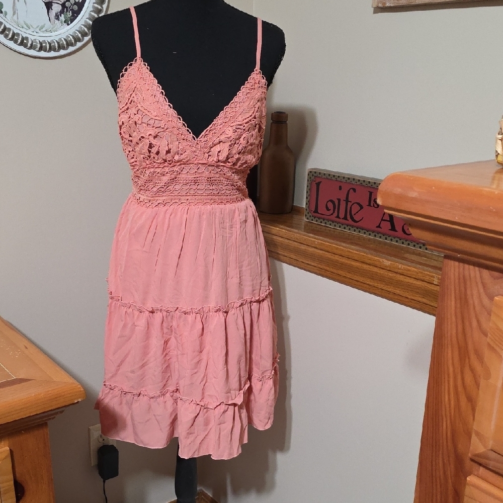 Crochet-Detail Spaghetti Strap Mini Dress in Coral Pink